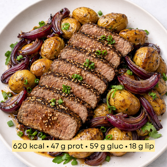 Sport - Tataki de bœuf & grenailles rôties aux oignons rouges