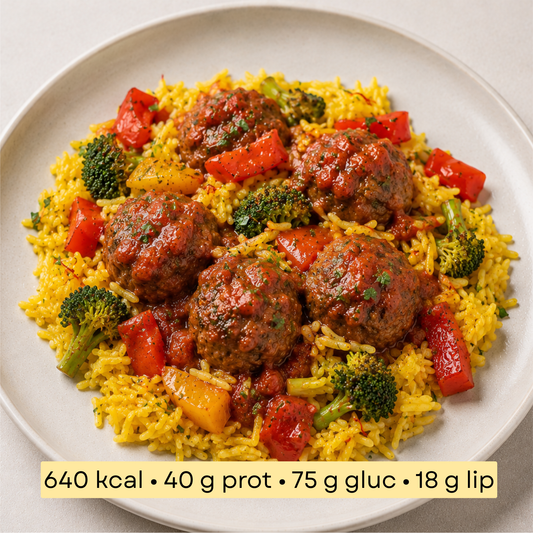 Sport - Boulettes de bœuf sauce tomate aux herbes, riz safrané & légumes