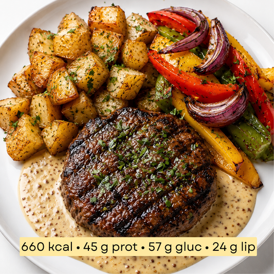 Sport - Steak haché sauce moutarde, grenaille sautée & légumes rôtis