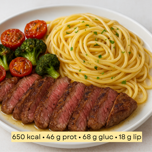 Sport - Bœuf & linguine aglio verde, brocoli rôti & tomates cerises confites