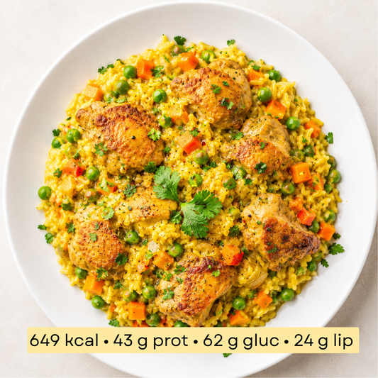 Sport - Riz curry jaune, petits pois, carottes & haut de cuisse