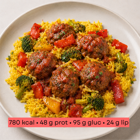 Masse - Boulettes de bœuf sauce tomate aux herbes, riz safrané & légumes