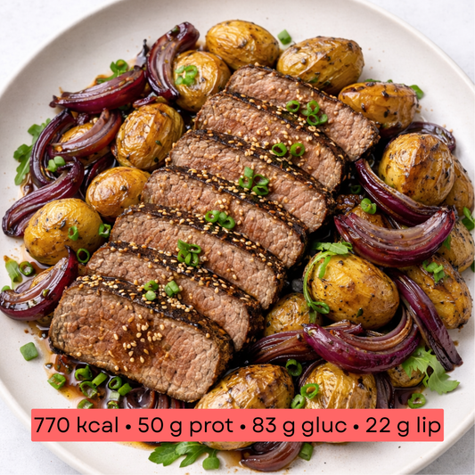 Masse - Tataki de bœuf & grenailles rôties aux oignons rouges