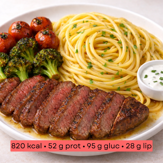 Masse - Tagliata de bœuf, linguine & légumes rôtis