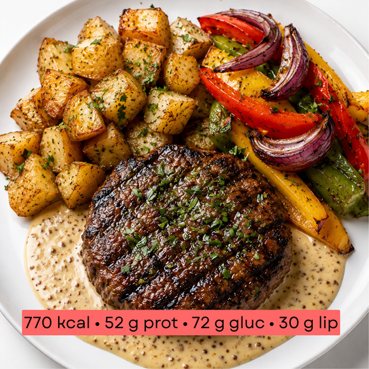 Masse - Steak haché sauce moutarde, grenaille sautée & légumes rôtis