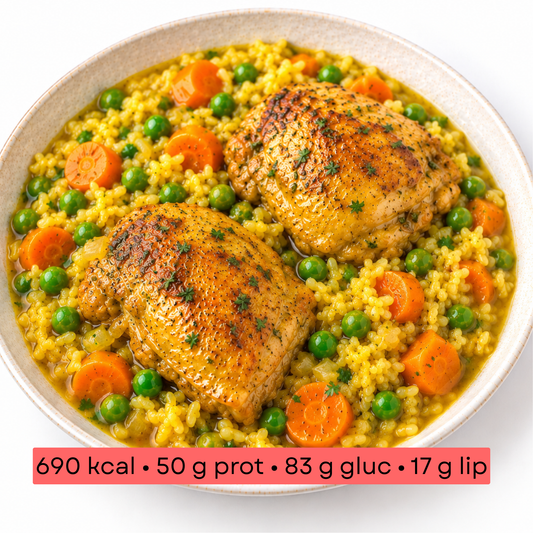Masse - Riz jaune au poulet, petits pois et carottes
