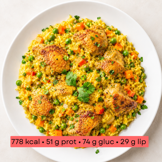 Masse - Riz curry jaune, petits pois, carottes & haut de cuisse