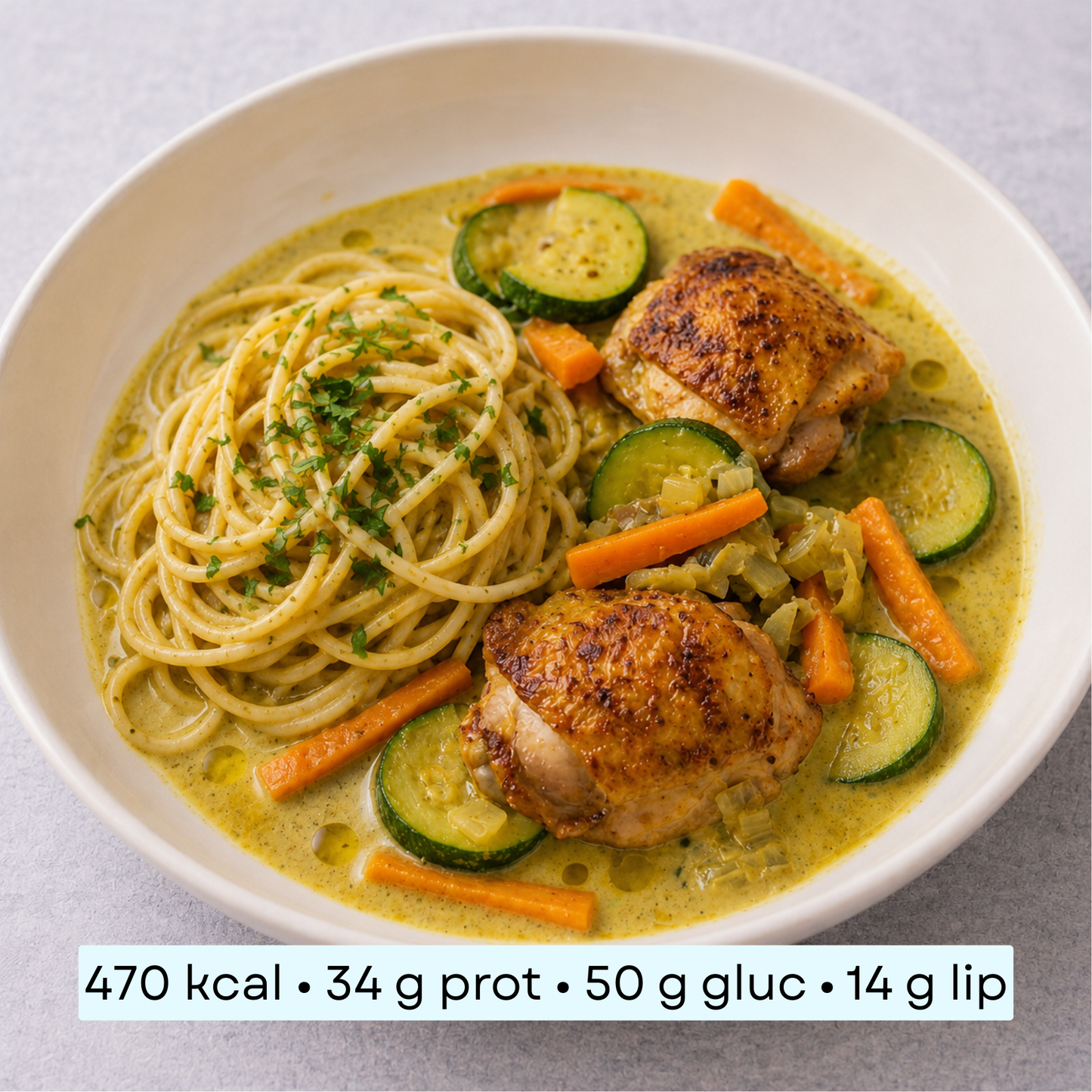 Diet - Poulet façon curry doux, spaghetti & légumes fondants