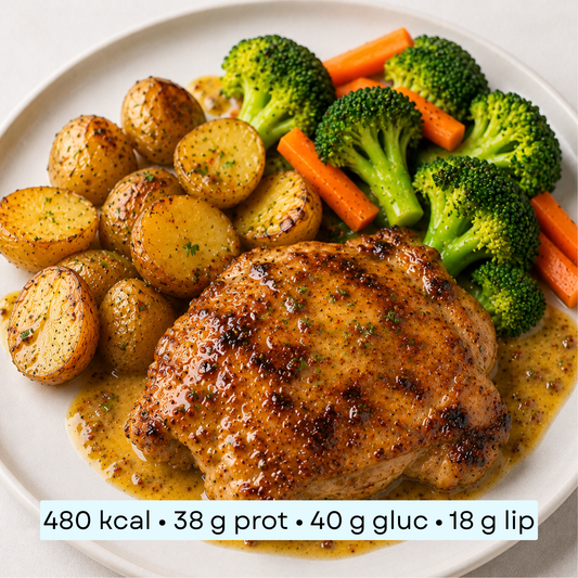 Diet - Poulet grillé sauce miel-moutarde, pommes de terre & légumes