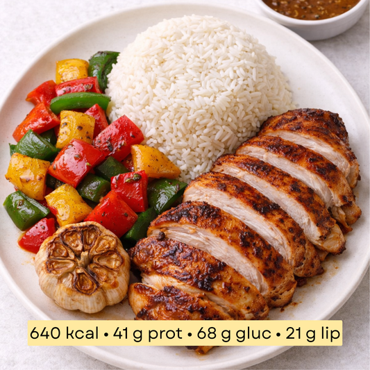 Sport - Poulet rôti aux poivrons grillés à l’ail, riz basmati