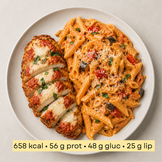 Sport - Poulet parmigiana, penne crème pesto rosso