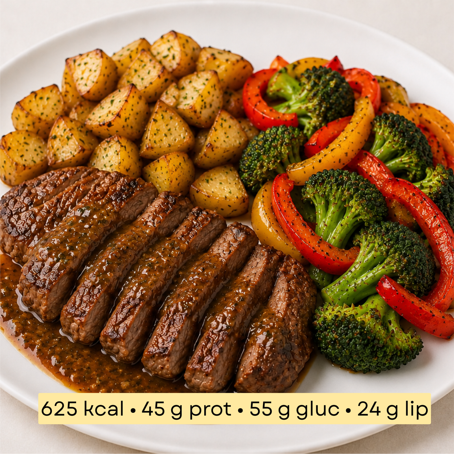 Sport - Steak de bœuf, pommes de terre, poivrons et brocolis