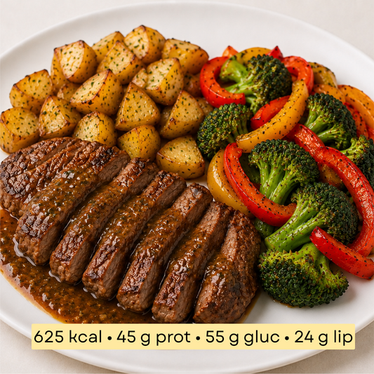 Sport - Steak de bœuf, pommes de terre, poivrons et brocolis