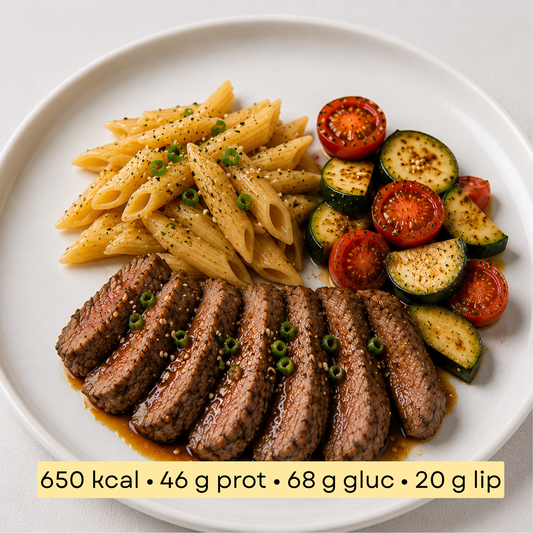 Sport -  Tataki de bœuf grillé, penne & légumes sautés