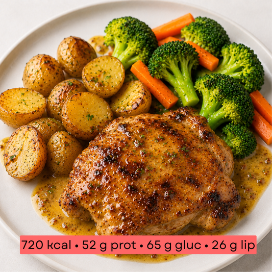 Masse - Poulet grillé sauce miel-moutarde, pommes de terre & légumes
