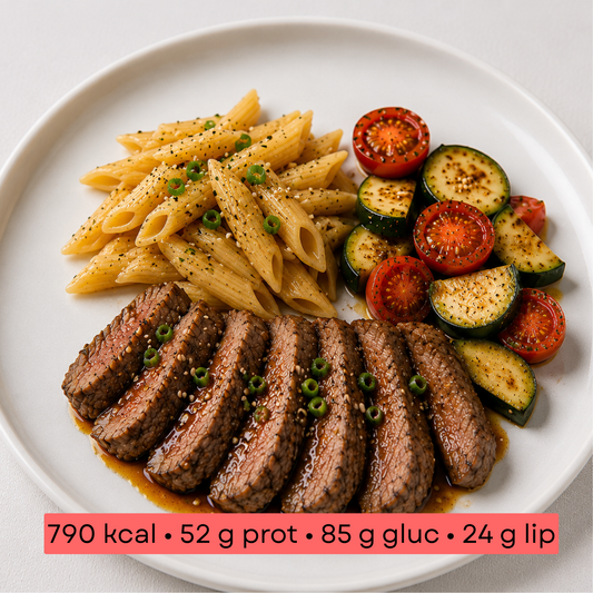 Masse - Tataki de bœuf grillé, penne & légumes sautés