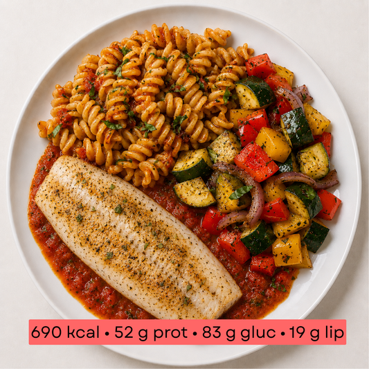 Masse - Poisson Blanc Méditerranéen, Fusilli & Légumes du Soleil