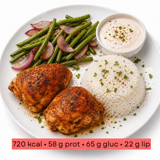Masse - Poulet rôti aux épices douces, riz basmati & haricots verts