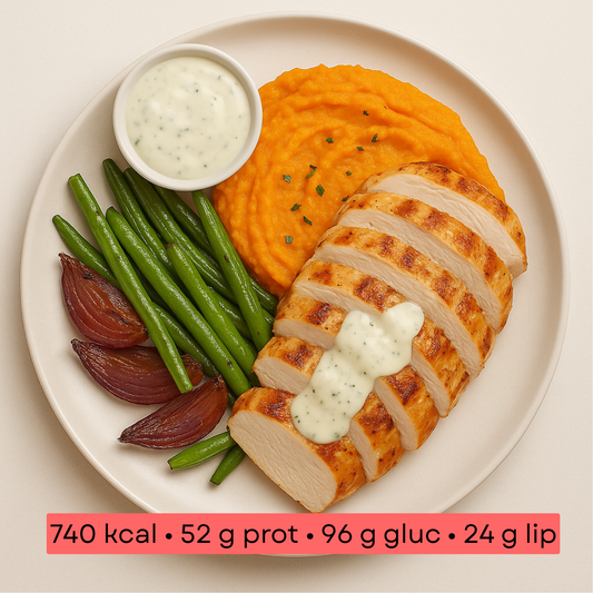 Masse - Poulet grillé & purée de patate douce aux herbes